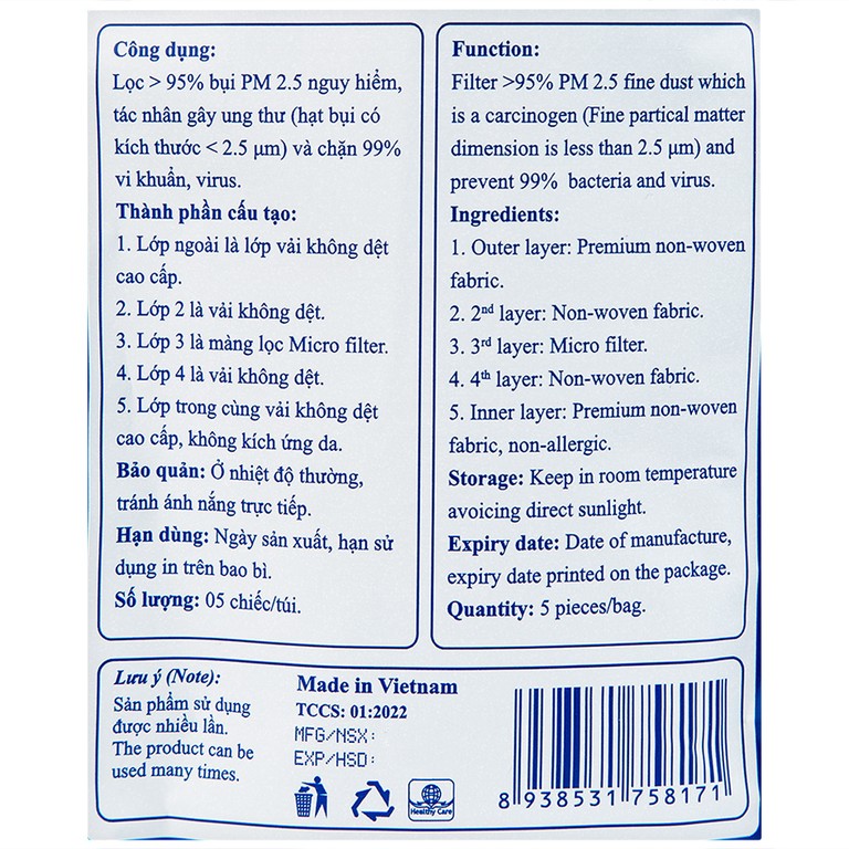 Khẩu trang Jomi 4D N95 lọc hơn 95% bụi PM2.5, chặn 99% vi khuẩn (5 cái)