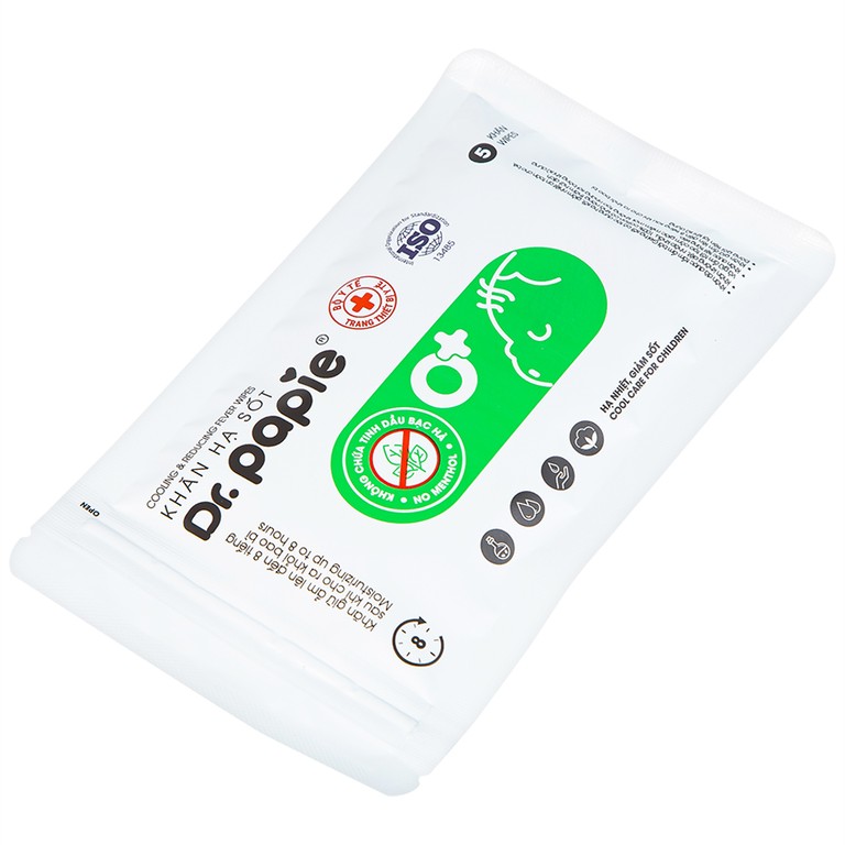 Khăn hạ sốt DR.Papie 0+ hỗ trợ hạ nhiệt giảm sốt (5 túi x 5 khăn)