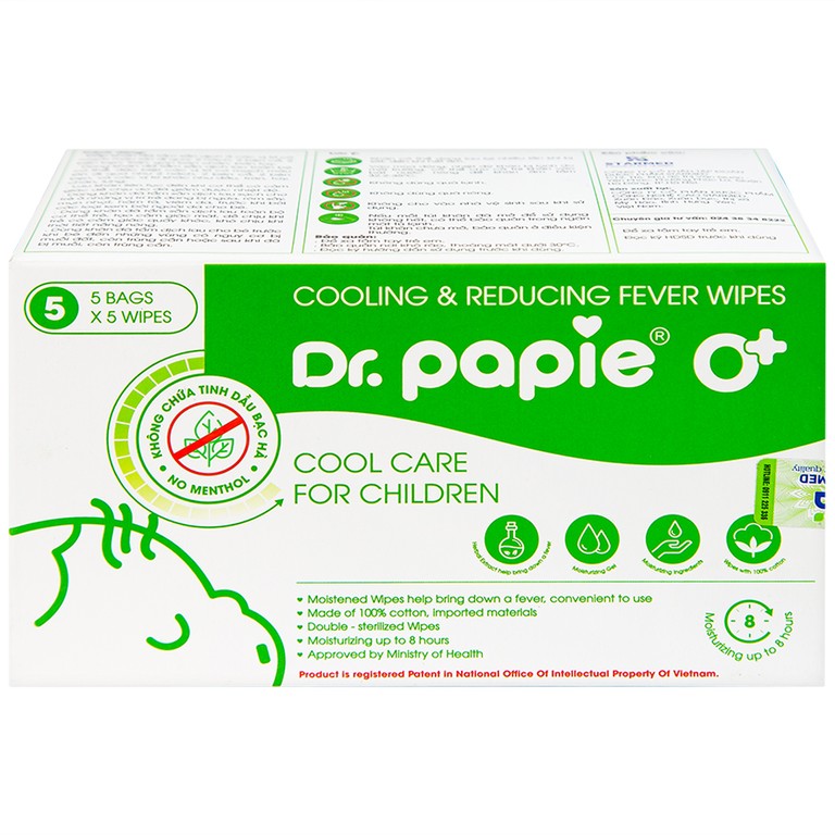 Khăn hạ sốt DR.Papie 0+ hỗ trợ hạ nhiệt giảm sốt (5 túi x 5 khăn)