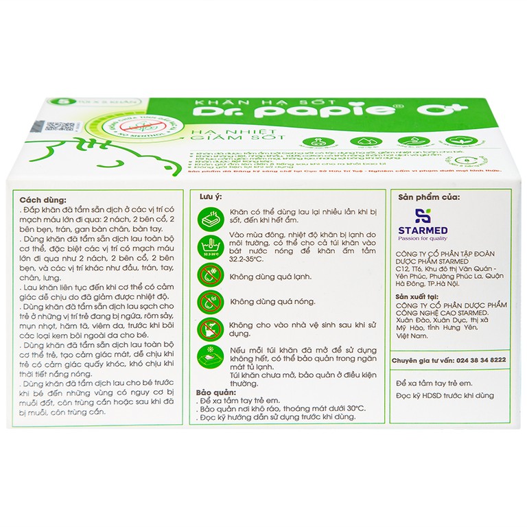 Khăn hạ sốt DR.Papie 0+ hỗ trợ hạ nhiệt giảm sốt (5 túi x 5 khăn)