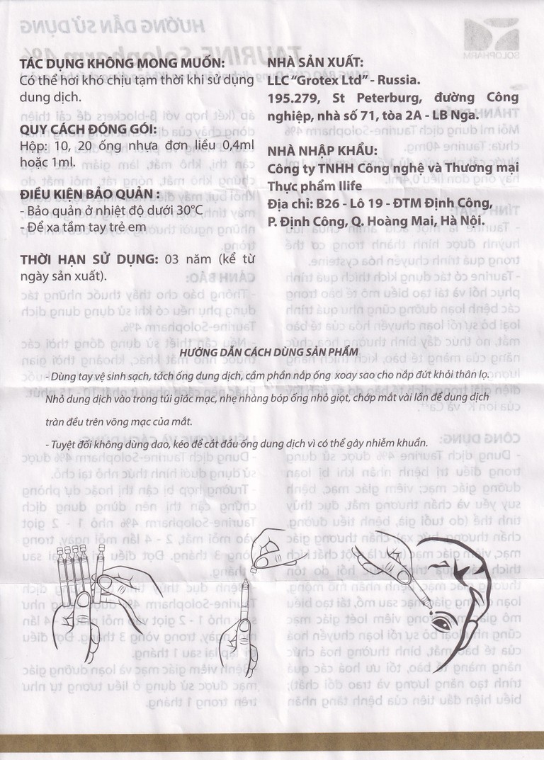 Dung dịch nhãn khoa Taurine-Solopharm 4% điều trị loạn dưỡng giác mạc, viêm giác mạc (20 tuýp x 0,4ml)