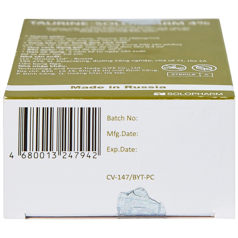 Dung dịch nhãn khoa Taurine-Solopharm 4% điều trị loạn dưỡng giác mạc, viêm giác mạc (20 tuýp x 0,4ml)