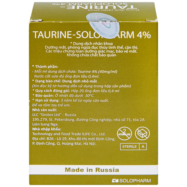 Dung dịch nhãn khoa Taurine-Solopharm 4% điều trị loạn dưỡng giác mạc, viêm giác mạc (20 tuýp x 0,4ml)