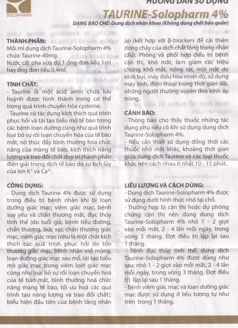 Dung dịch nhãn khoa Taurine-Solopharm 4% điều trị loạn dưỡng giác mạc, viêm giác mạc (20 tuýp x 0,4ml)