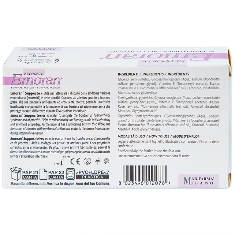 Viên đặt Supposte Emoran giảm các triệu chứng của bệnh trĩ, viêm trực tràng (6 viên)