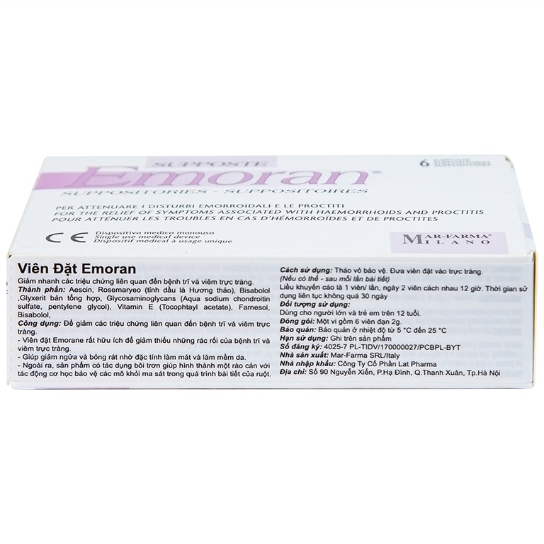 Viên đặt Supposte Emoran giảm các triệu chứng của bệnh trĩ, viêm trực tràng (6 viên)