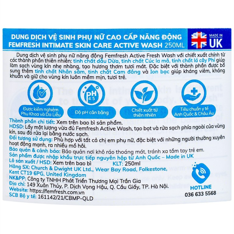 Dung dịch vệ sinh phụ nữ Femfresh Intimate Skin Care Active Wash làm sạch, khử mùi (250ml)