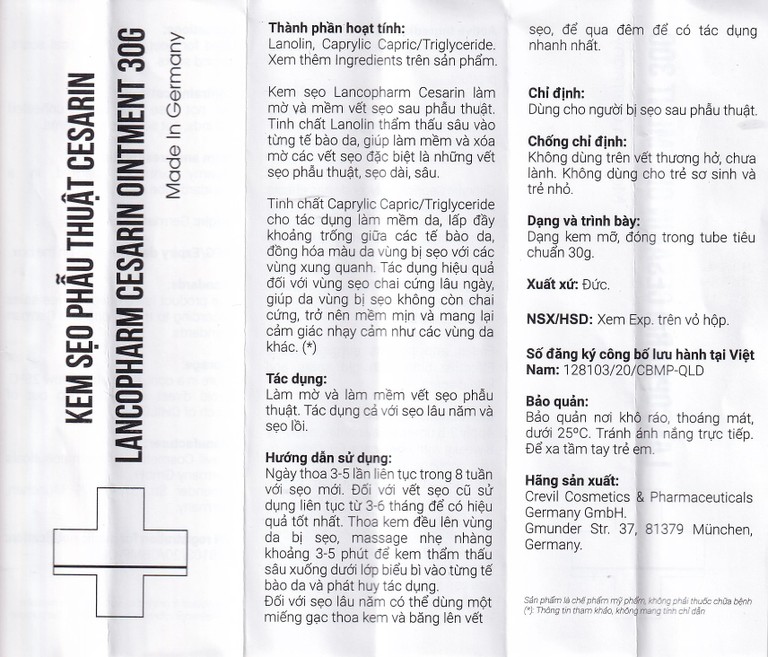 Kem bôi Cesarin Ointment Lancopharm hỗ trợ làm mờ vết sẹo sau phẫu thuật (30g)