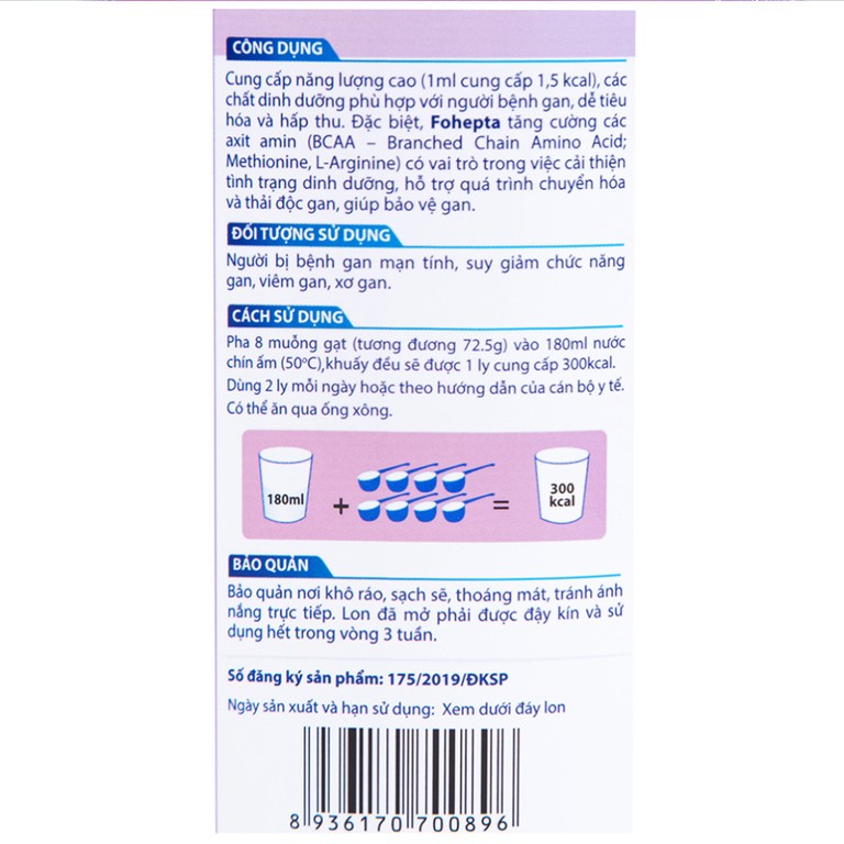 Sữa bột Fohepta Vitadairy dinh dưỡng dành cho bệnh nhân gan (400g)