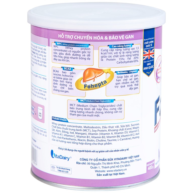Sữa bột Fohepta Vitadairy dinh dưỡng dành cho bệnh nhân gan (400g)