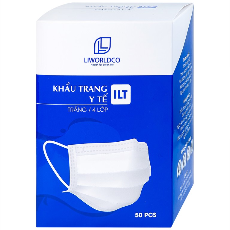 Khẩu trang y tế ILT Liworldco màu trắng 4 lớp hỗ trợ ngăn khói, bụi, kháng khuẩn (50 cái)