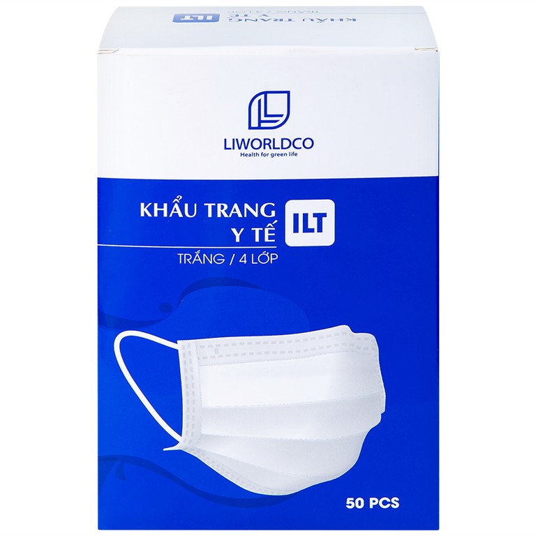 Khẩu trang y tế ILT Liworldco màu trắng 4 lớp hỗ trợ ngăn khói, bụi, kháng khuẩn (50 cái)