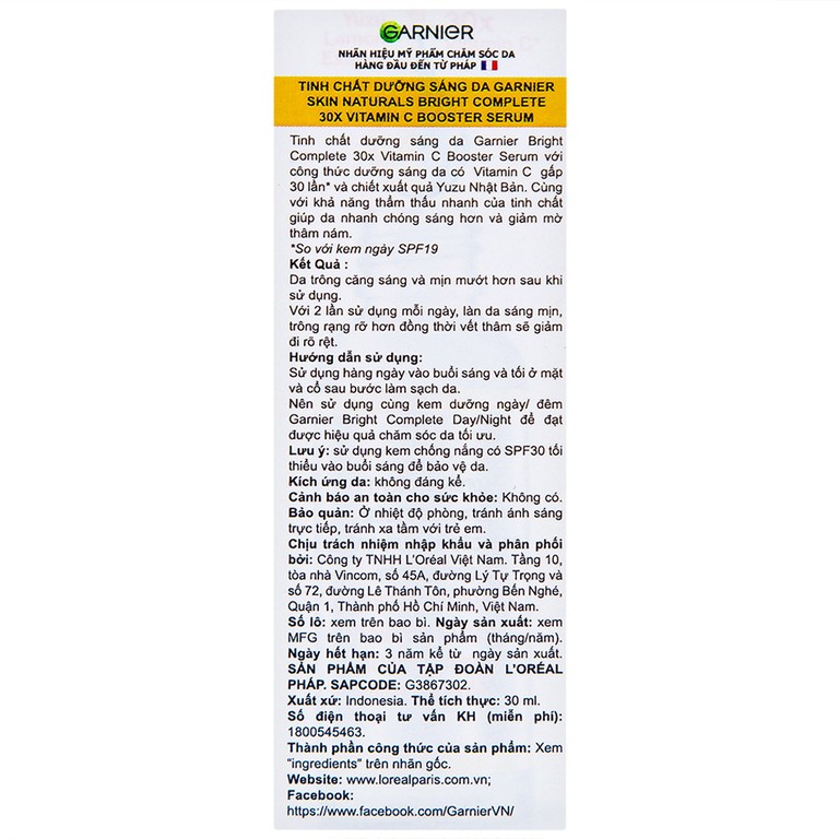 Tinh chất dưỡng sáng da Garnier Skin Naturals Bright Complete 30x Vitamin C Booster Serum hỗ trợ ngừa mụn, mờ thâm (30ml)