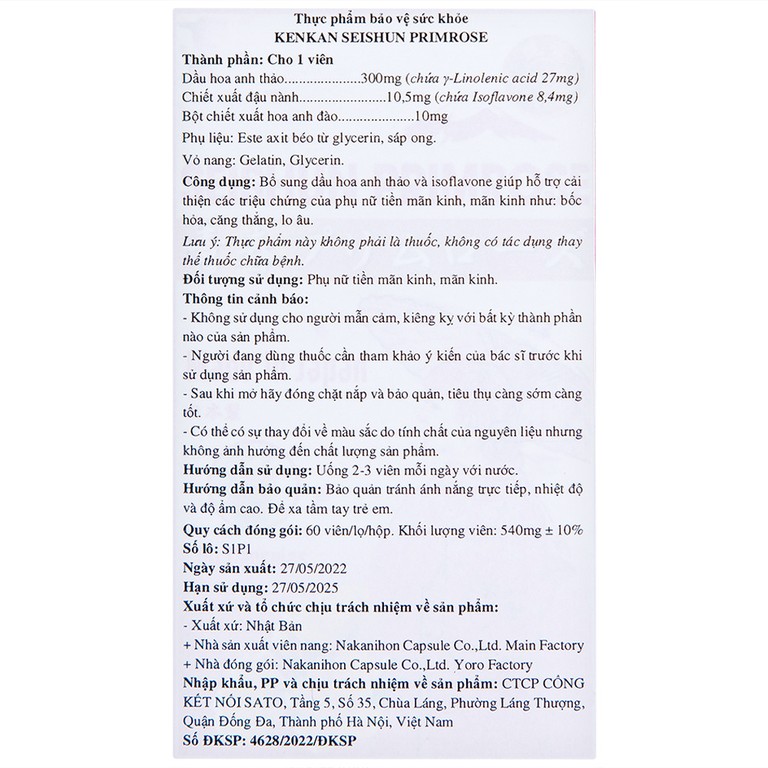 Viên uống Kenkan Seishun Primrose cải thiện các triệu chứng của phụ nữ tiền mãn kinh (60 viên)
