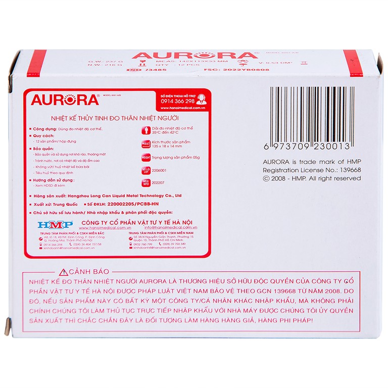 Nhiệt kế thủy tinh Aurora HMP 6001-A/B đo thân nhiệt có vạch chia độ rõ nét (12 Cái)