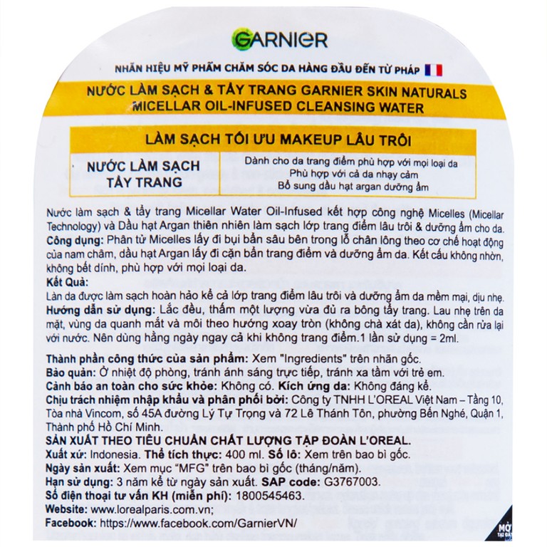 Nước tẩy trang Garnier Skin Naturals Micellar Oil-Infused Cleansing Water dành cho da trang điểm (400ml)