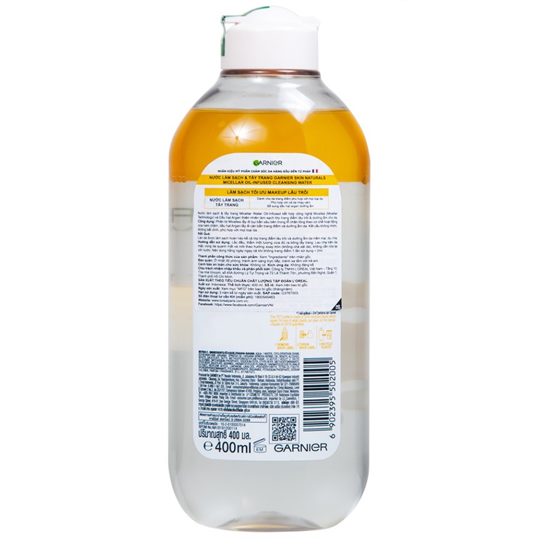 Nước tẩy trang Garnier Skin Naturals Micellar Oil-Infused Cleansing Water dành cho da trang điểm (400ml)