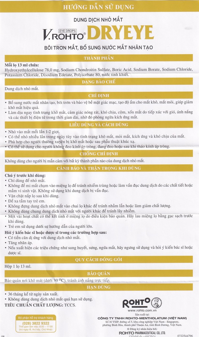 Dung dịch nhỏ mắt V.Rohto Dryeye bôi trơn mắt, bổ sung nước mắt nhân tạo (13ml)