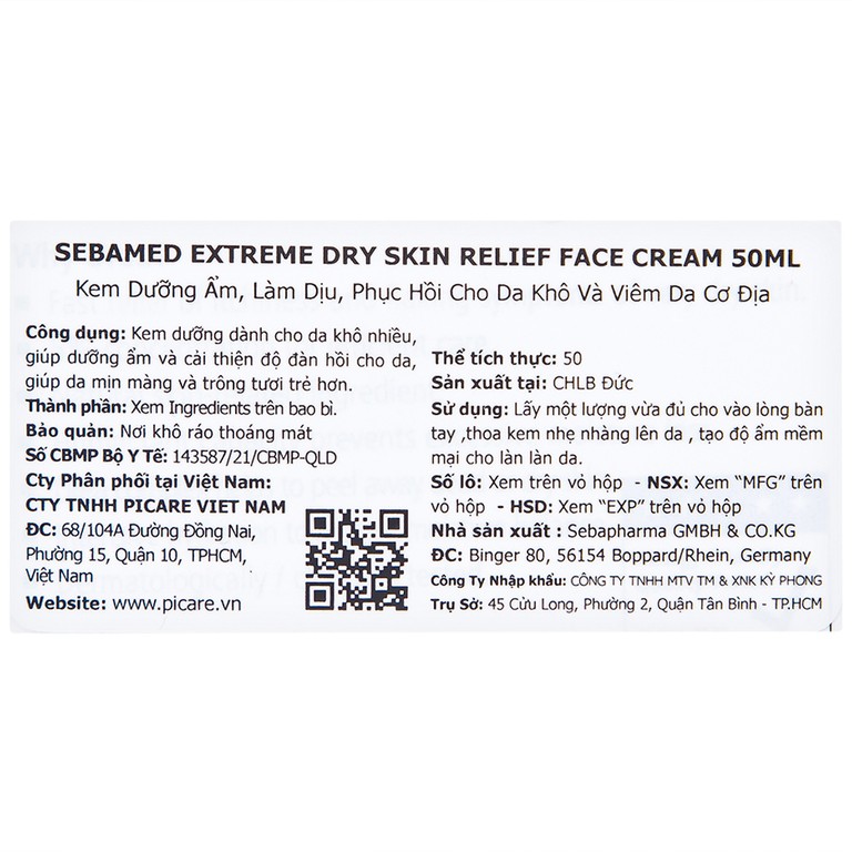 Kem bôi dưỡng ẩm Sebamed Extreme Dry Skin Relief Face Cream 5% Urea cho da khô, viêm da cơ địa (50ml)