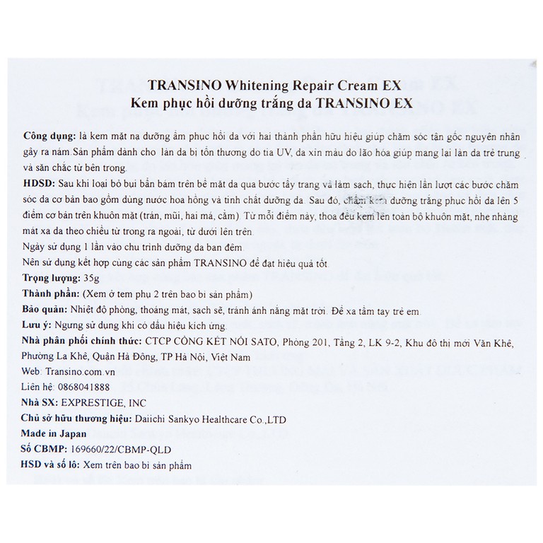 Kem dưỡng trắng da Transino Whitening Repair Cream EX hỗ trợ cải thiện tình trạng nám (35g)
