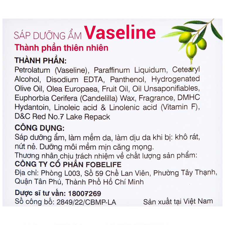 Sáp dưỡng ẩm Vaseline Rosy Lotus Fobelife làm mềm da, chống khô da (7g)