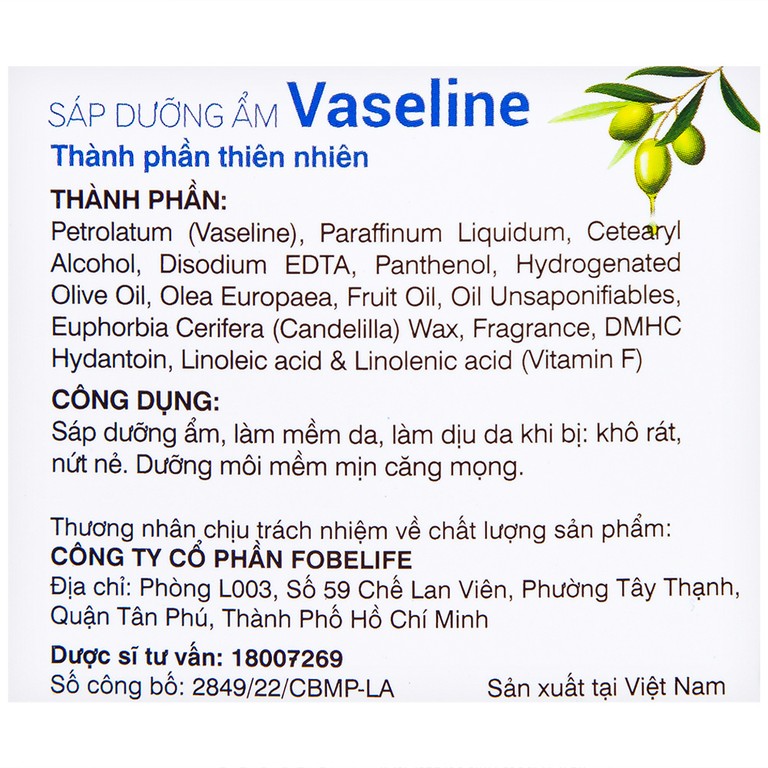 Sáp dưỡng ẩm Vaseline Original Fobelife giữ ẩm, bảo vệ da khô, nứt nẻ (7g)