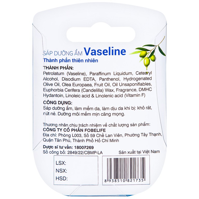 Sáp dưỡng ẩm Vaseline Original Fobelife giữ ẩm, bảo vệ da khô, nứt nẻ (7g)