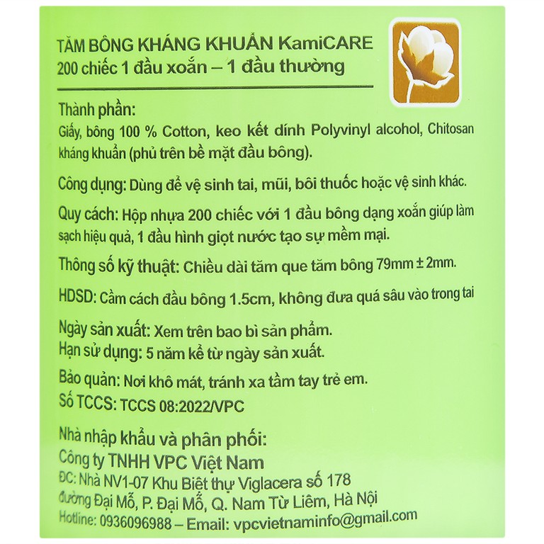 Tăm bông kháng khuẩn KamiCare vệ sinh tai, mũi (200 que)