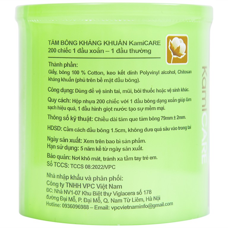 Tăm bông kháng khuẩn KamiCare vệ sinh tai, mũi (200 que)