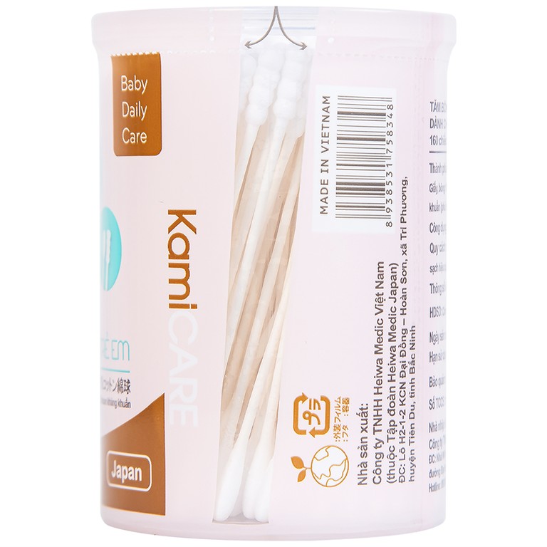 Tăm bông kháng khuẩn KamiCare dành cho trẻ em 1 đầu xoắn 1 đầu thường vệ sinh tai, mũi (160 chiếc)