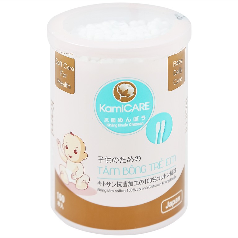Tăm bông kháng khuẩn KamiCare dành cho trẻ em 1 đầu xoắn 1 đầu thường vệ sinh tai, mũi (160 chiếc)