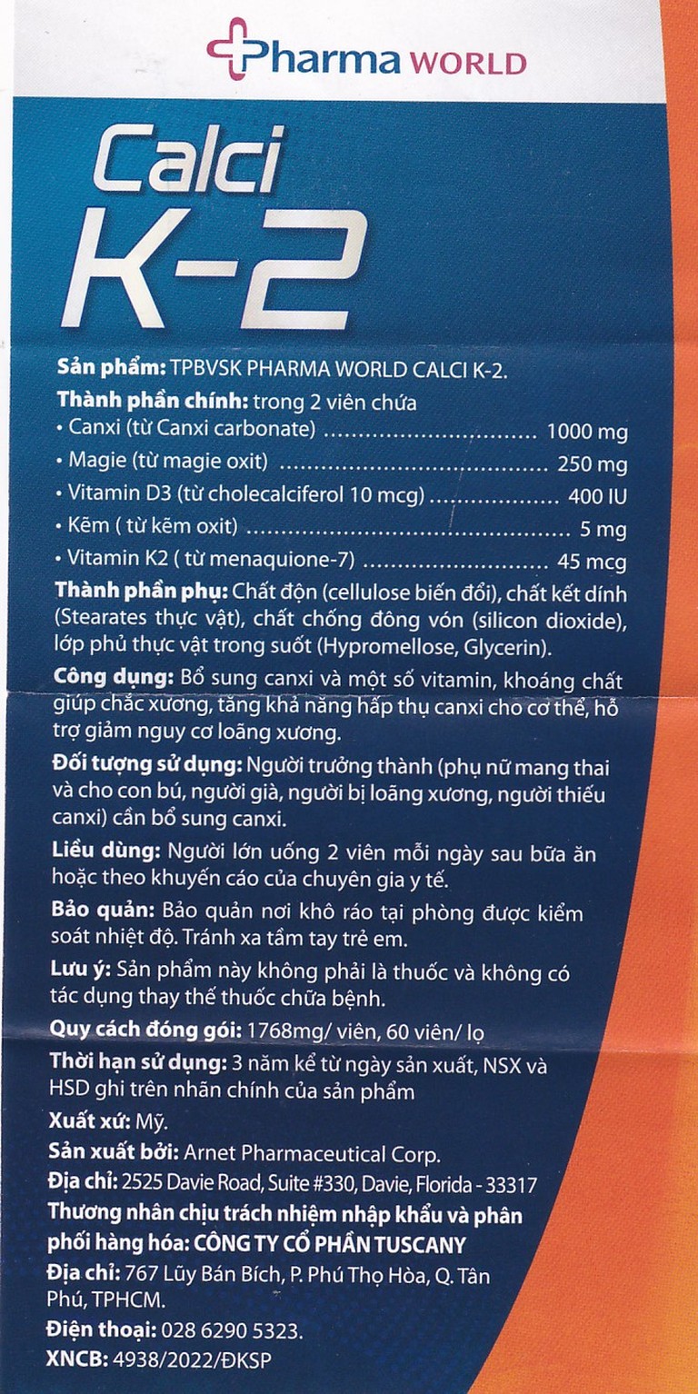 Viên uống Calci K-2 Pharma World hỗ trợ giảm nguy cơ loãng xương (60 viên)
