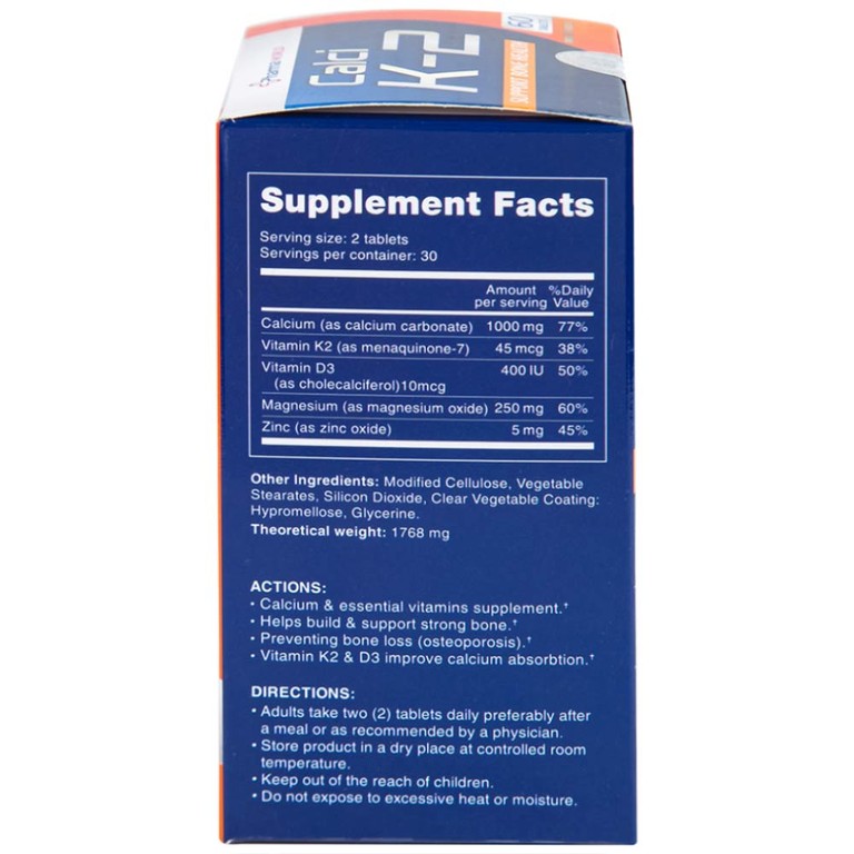 Viên uống Calci K-2 Pharma World hỗ trợ giảm nguy cơ loãng xương (60 viên)