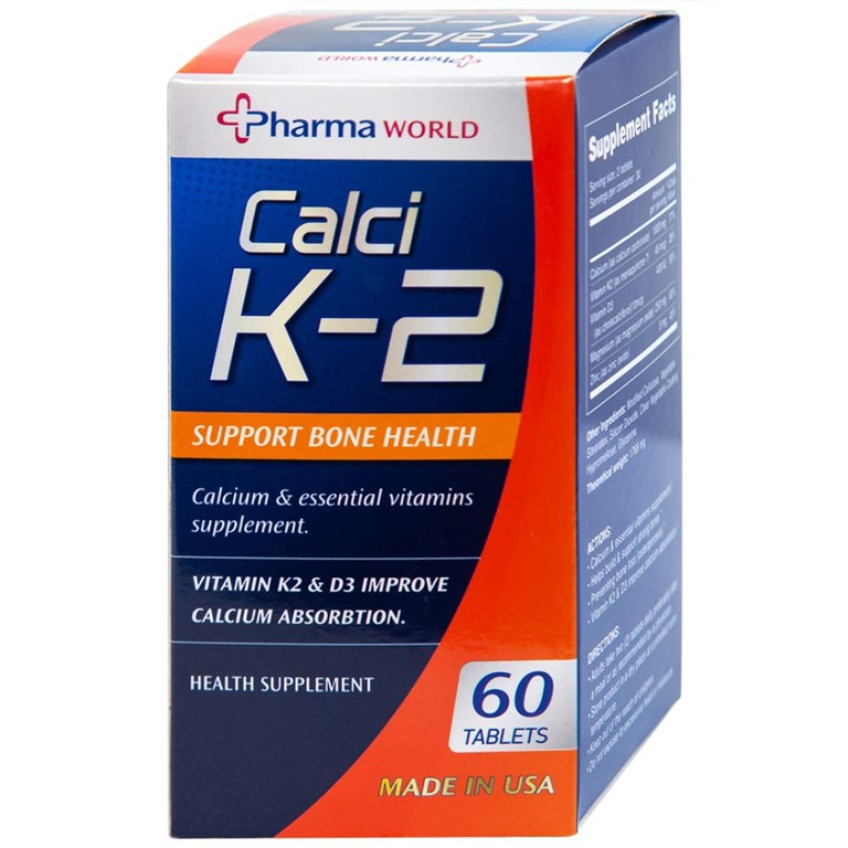 Viên uống Calci K-2 Pharma World hỗ trợ giảm nguy cơ loãng xương (60 viên)