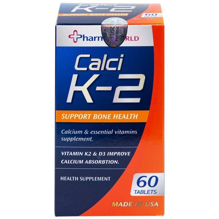 Viên uống Calci K-2 Pharma World hỗ trợ giảm nguy cơ loãng xương (60 viên)