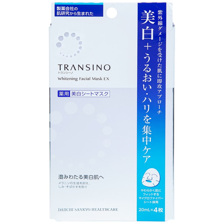 Mặt nạ dưỡng trắng da Transino Whitening Facial Mask EX ngăn ngừa nám và tàn nhang (4 miếng x 20ml)