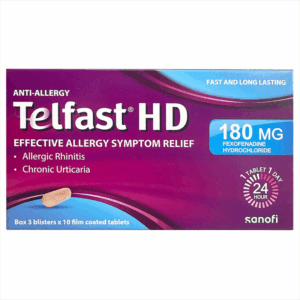 Thuốc chống dị ứng Telfast HD 180mg Sanofi giảm triệu chứng viêm mũi dị ứng, mày đay vô căn mạn tính (3 vỉ x 10 viên)