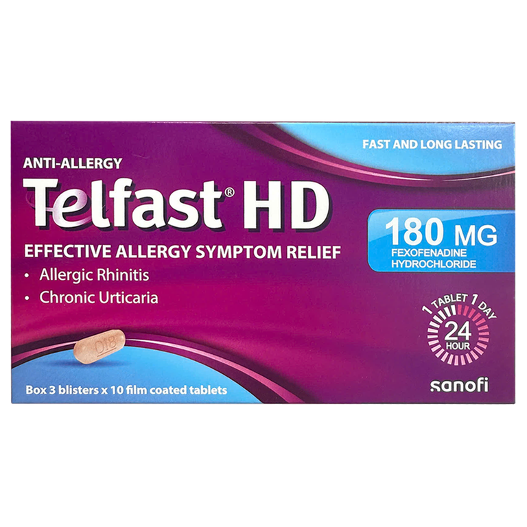 Thuốc chống dị ứng Telfast HD 180mg Sanofi giảm triệu chứng viêm mũi dị ứng, mày đay vô căn mạn tính (3 vỉ x 10 viên)