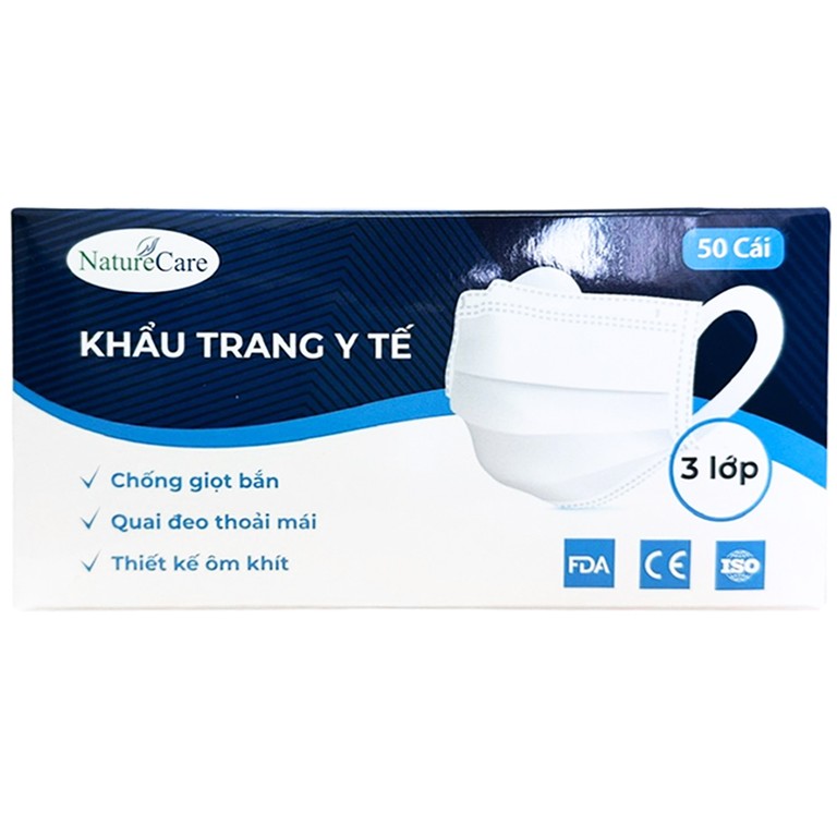 Khẩu trang y tế Naturecare màu trắng 3 lớp hỗ trợ ngăn khói, bụi, kháng khuẩn (50 cái)