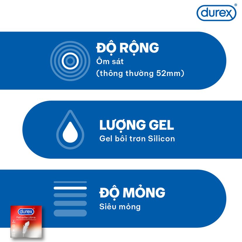 Bao cao su DUREX Fetherlite Ultima siêu mỏng dùng tránh thai và các bệnh lây nhiễm (hộp 3 cái)