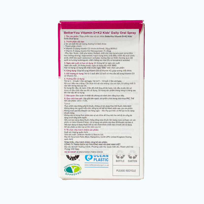 Thực phẩm bảo vệ sức khỏe BetterYou Vitamin D+K2 Kids' Daily Oral Spray (15ml)