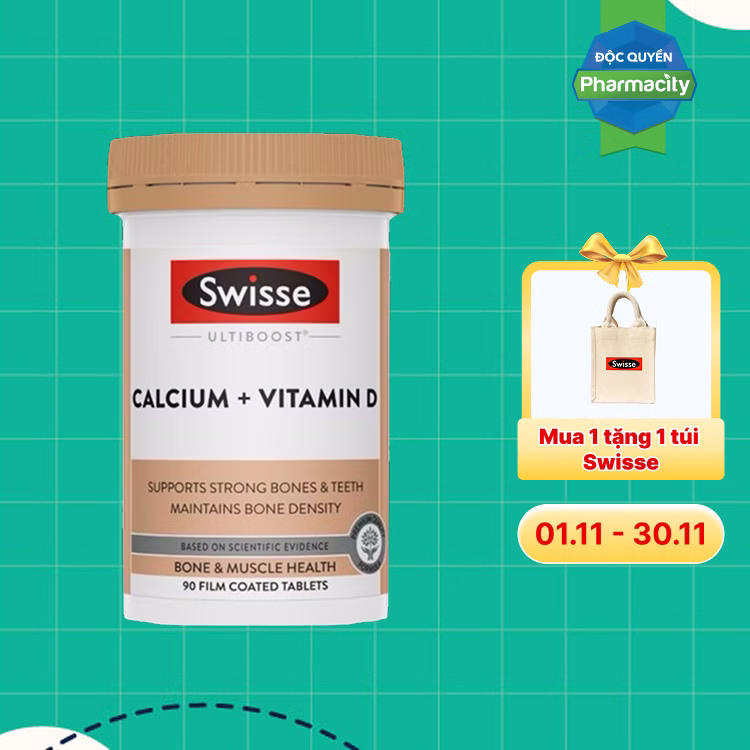 Viên uống SWISSE Ultiboost Calcium + Vitamin D giúp hỗ trợ giảm nguy cơ loãng xương (Hộp 90 viên)