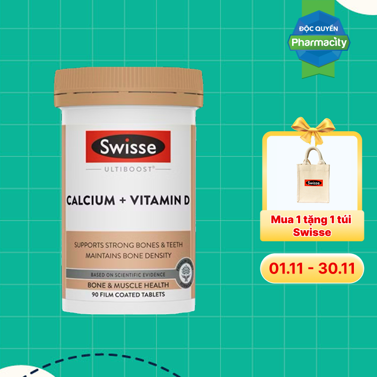 Viên uống SWISSE Ultiboost Calcium + Vitamin D giúp hỗ trợ giảm nguy cơ loãng xương (Hộp 90 viên)