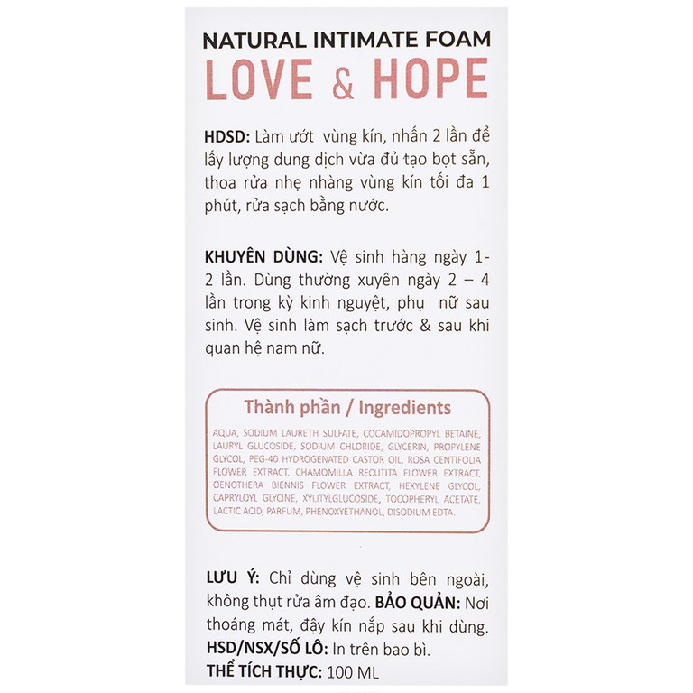 Dung dịch vệ sinh phụ nữ dạng bọt Daily Lady Love & Hope sáng hồng, kháng viêm (100ml)