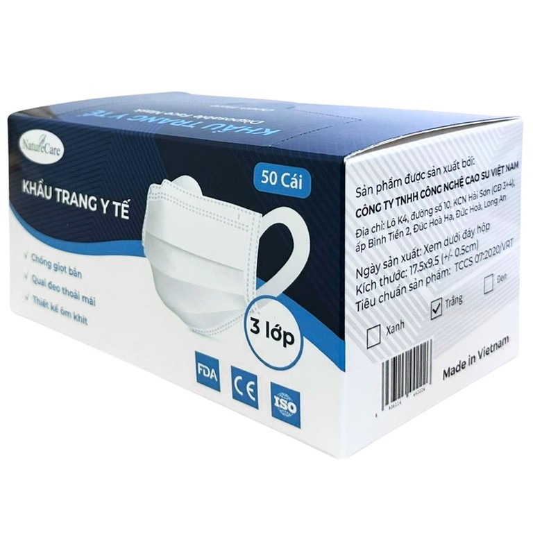 Khẩu trang y tế Naturecare màu trắng 3 lớp hỗ trợ ngăn khói, bụi, kháng khuẩn (50 cái)