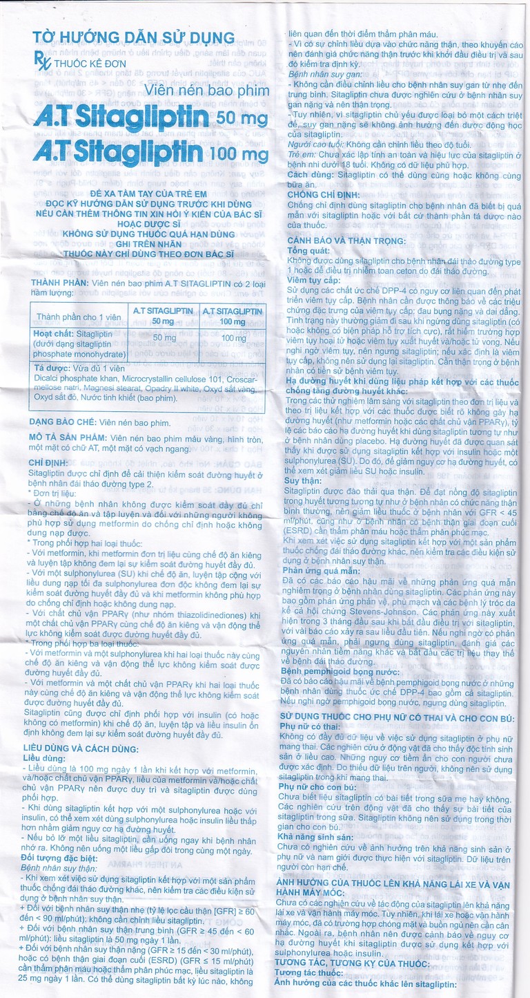Thuốc A.T Sitagliptin 100 mg An Thiên cải thiện kiểm soát đường huyết (3 vỉ x 10 viên)