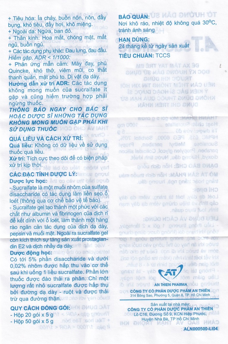 Hỗn dịch uống A.T Sucralfate 1000mg An Thiên điều trị loét dạ dày tá tràng (20 gói x 5g)