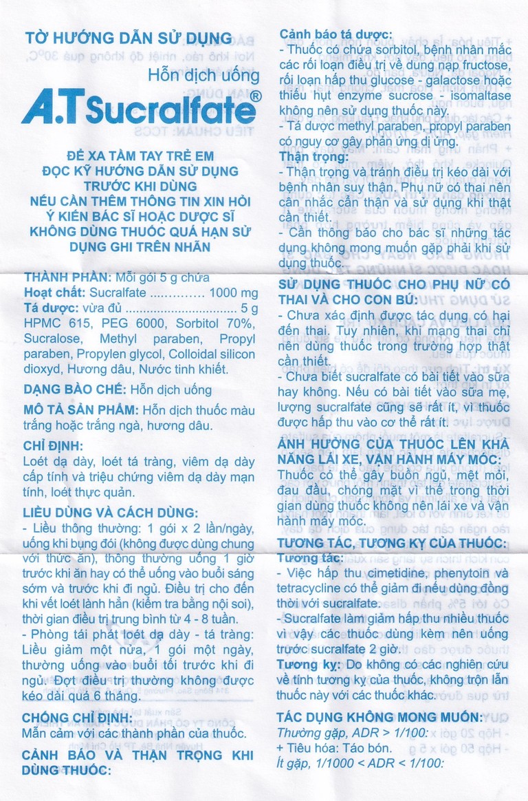 Hỗn dịch uống A.T Sucralfate 1000mg An Thiên điều trị loét dạ dày tá tràng (20 gói x 5g)