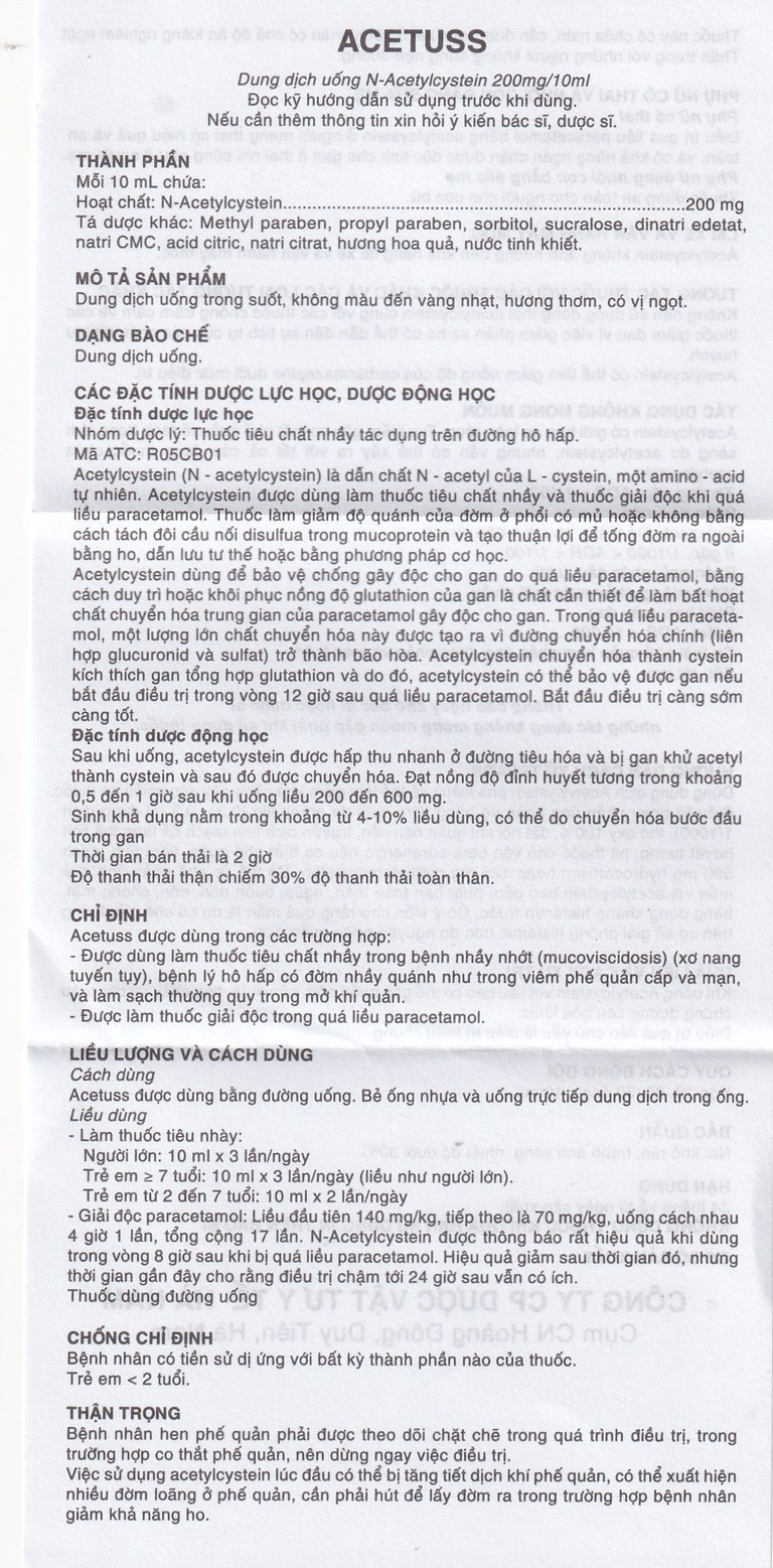 Dung dịch uống Acetuss Hà Nam tiêu nhầy trong bệnh viêm phế quản, bệnh nhầy nhớt (20 ống)