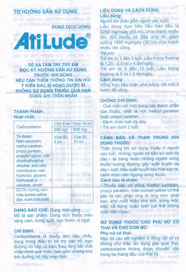 Dung dịch uống AtiLude 250mg/5ml An Thiên tiêu nhầy, rối loạn đường hô hấp (6 vỉ x 5 ống x 5ml)